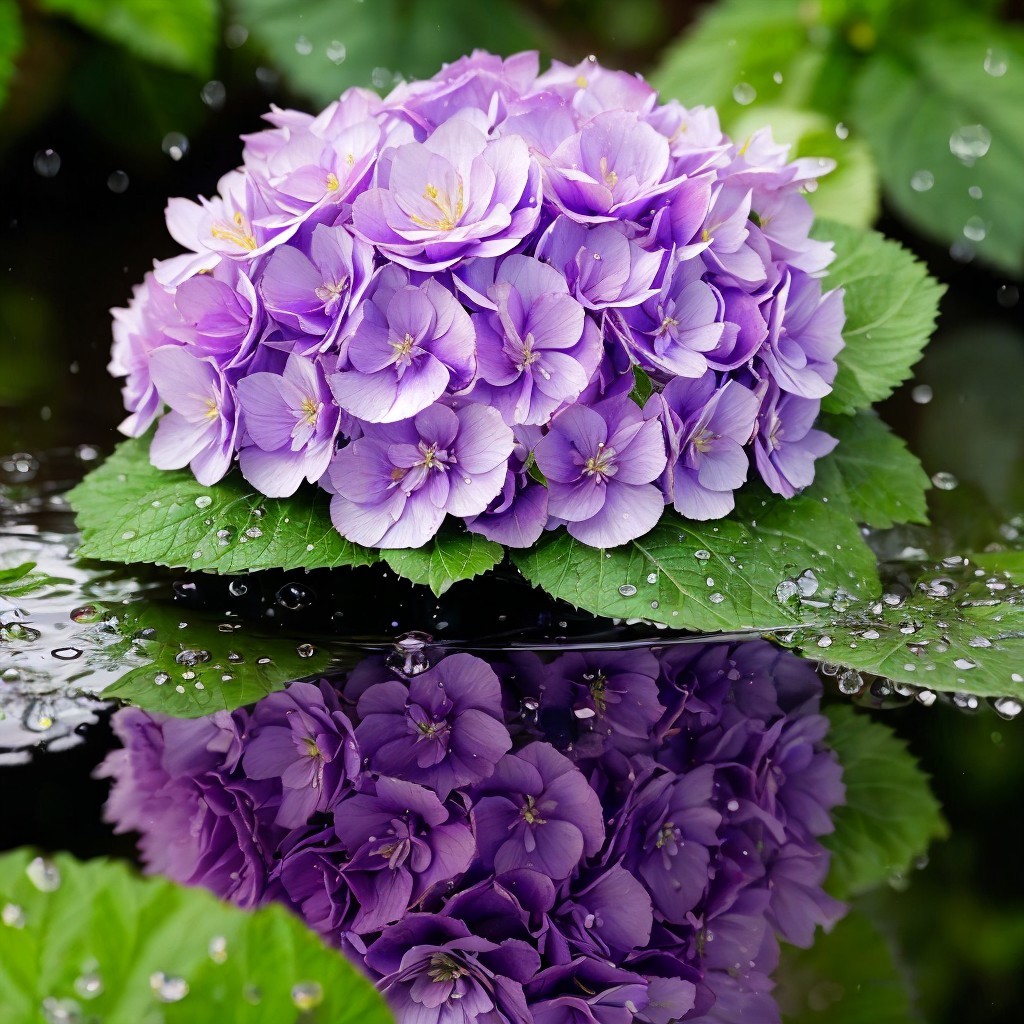 Lush Purple Hydrangeas on Green Leaf with Raindrops