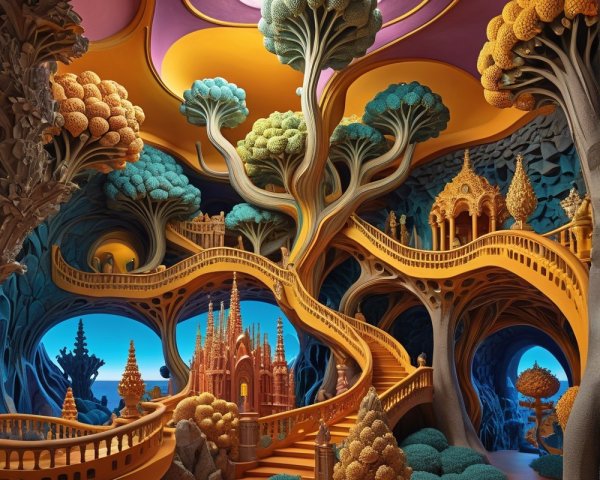 Whimsical Fantasy Landscape with Oversized Trees