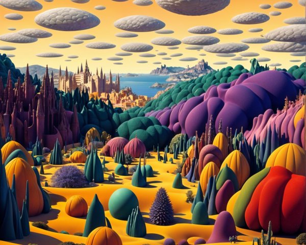 Surreal Landscape with Vibrant Oversized Hills and Trees