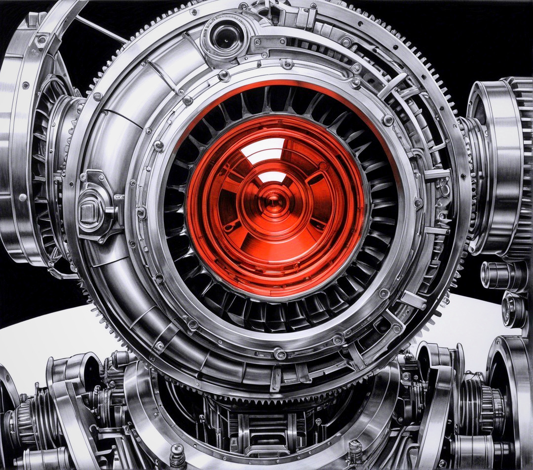 Detailed Metallic Engine Component with Gears and Red Element