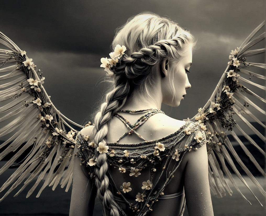 Delicate figure with floral accents and ethereal wings