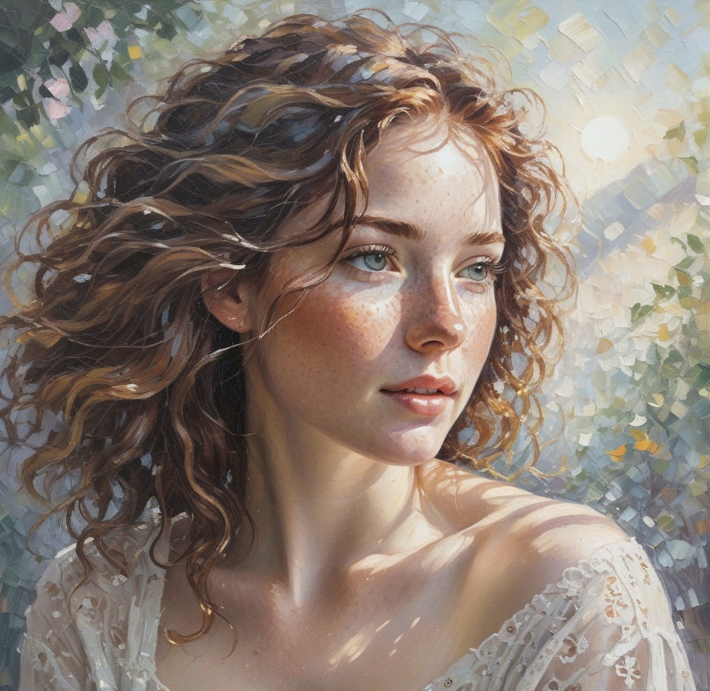 Young woman with curly hair in lace dress outdoors