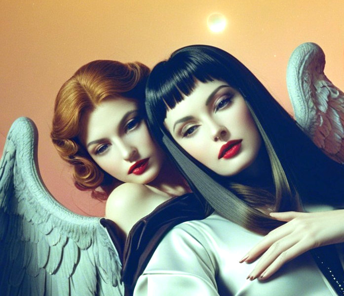 Ethereal Figures with Wings in Pastel Background