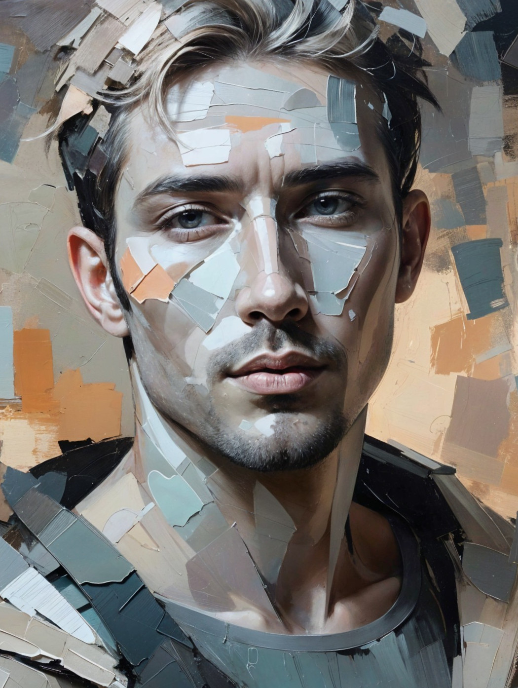 Close-Up Portrait of a Young Man in Textured Brushstrokes