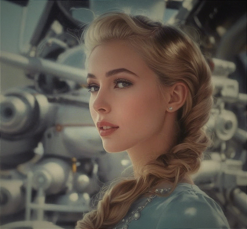 Young Woman in Light Blue Outfit Against Machinery