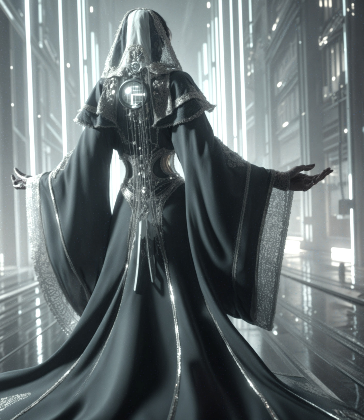 Futuristic Figure in Black Robe with Silver Details