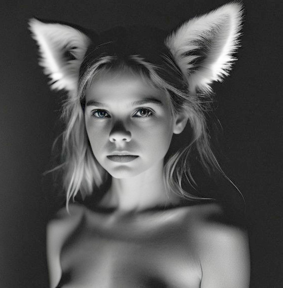 Black-and-white portrait of a woman with fox ears