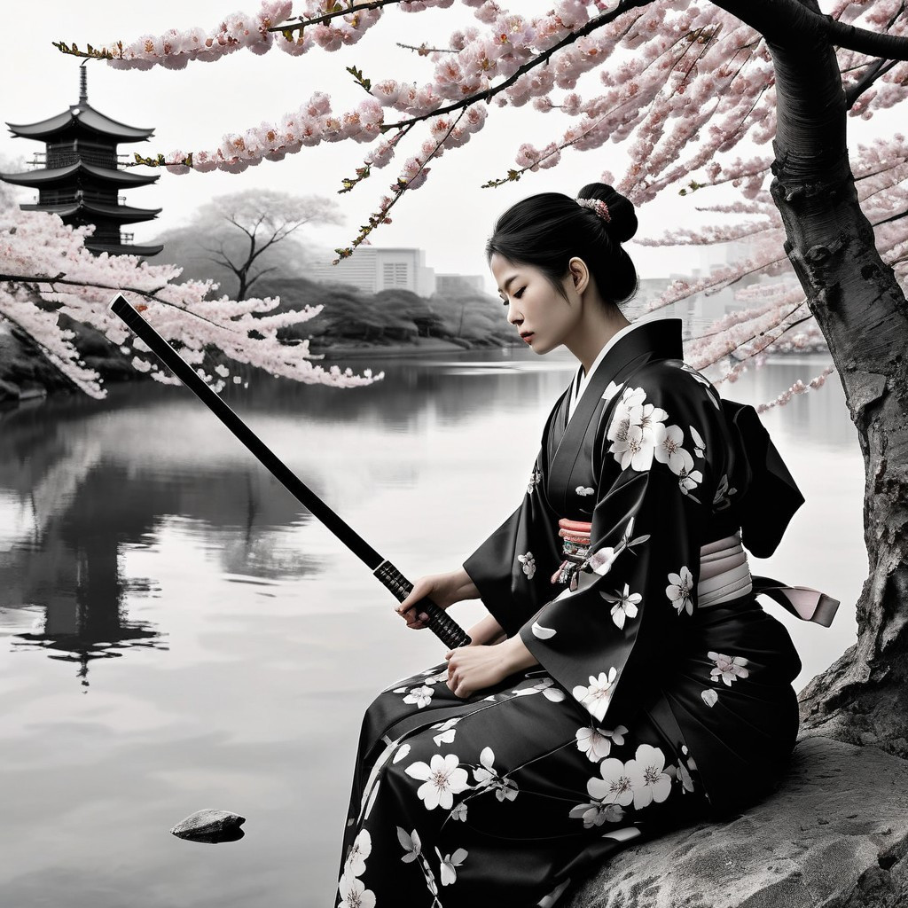 Woman in Black Kimono by Cherry Blossom Pond