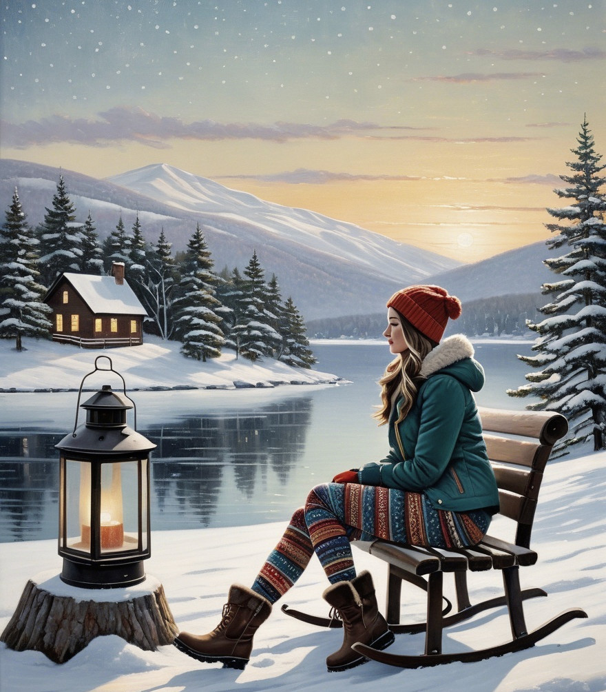 Winter Scene of a Woman by a Snowy Lake