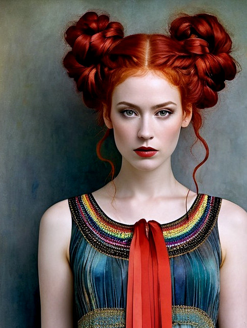 Portrait of a woman with red hair in vibrant dress