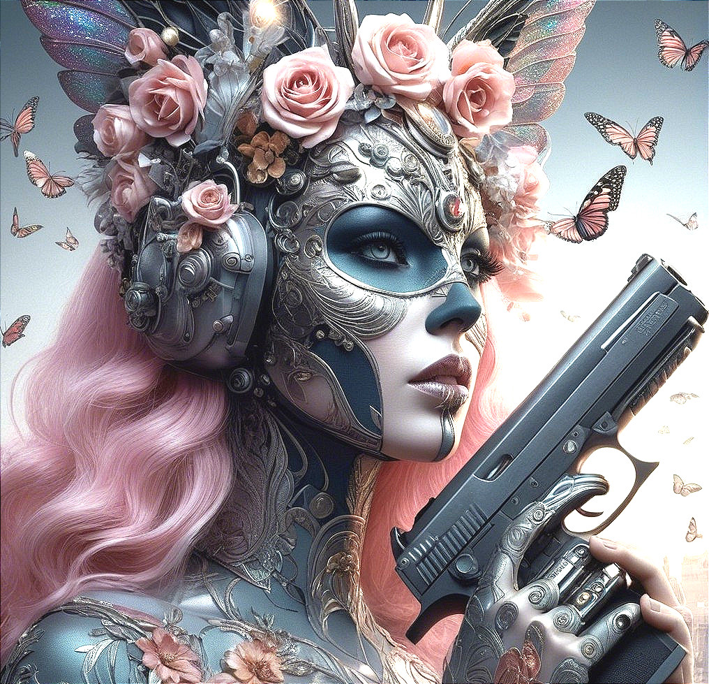 Futuristic Female Figure with Metallic and Floral Designs