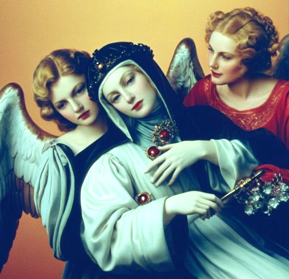 Three Ethereal Figures with Angels and Dark Gown