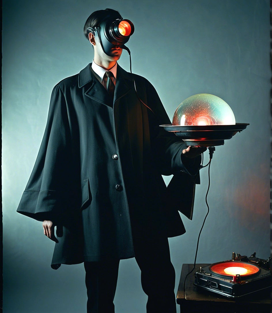 Futuristic figure in black coat with unique helmet