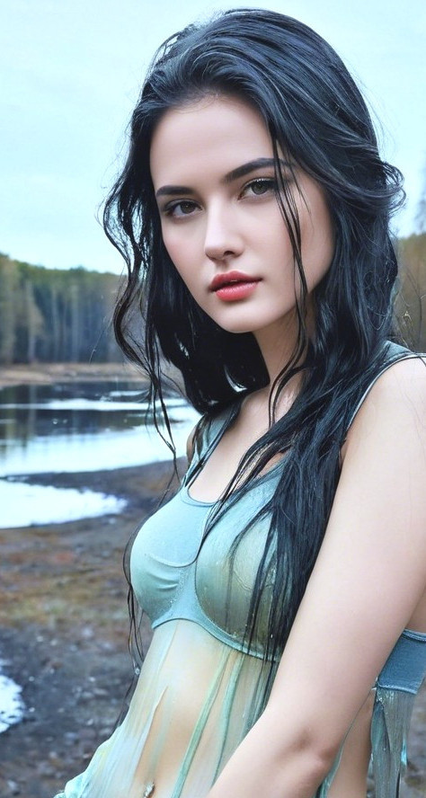 Young woman by tranquil water in sheer blue top
