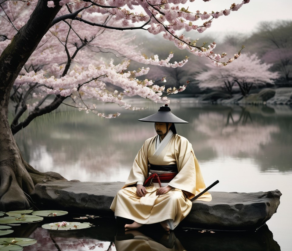 Lone Figure by Tranquil Pond Amid Cherry Blossoms