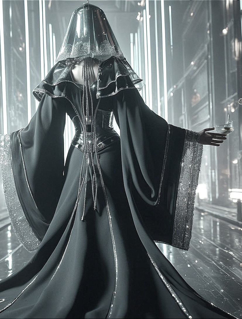 Mysterious Figure in Futuristic Black Gown and Hood