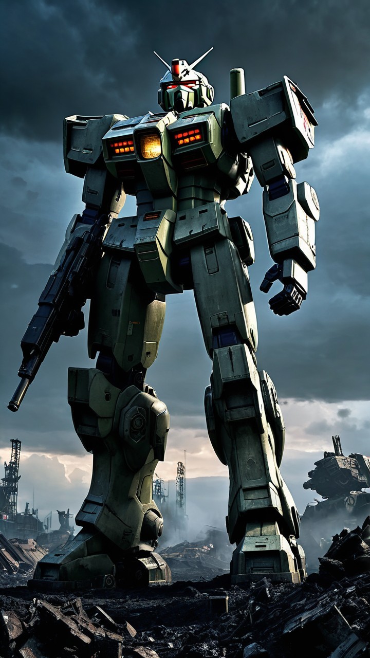 Mech in War-Torn Landscape with Dramatic Sky