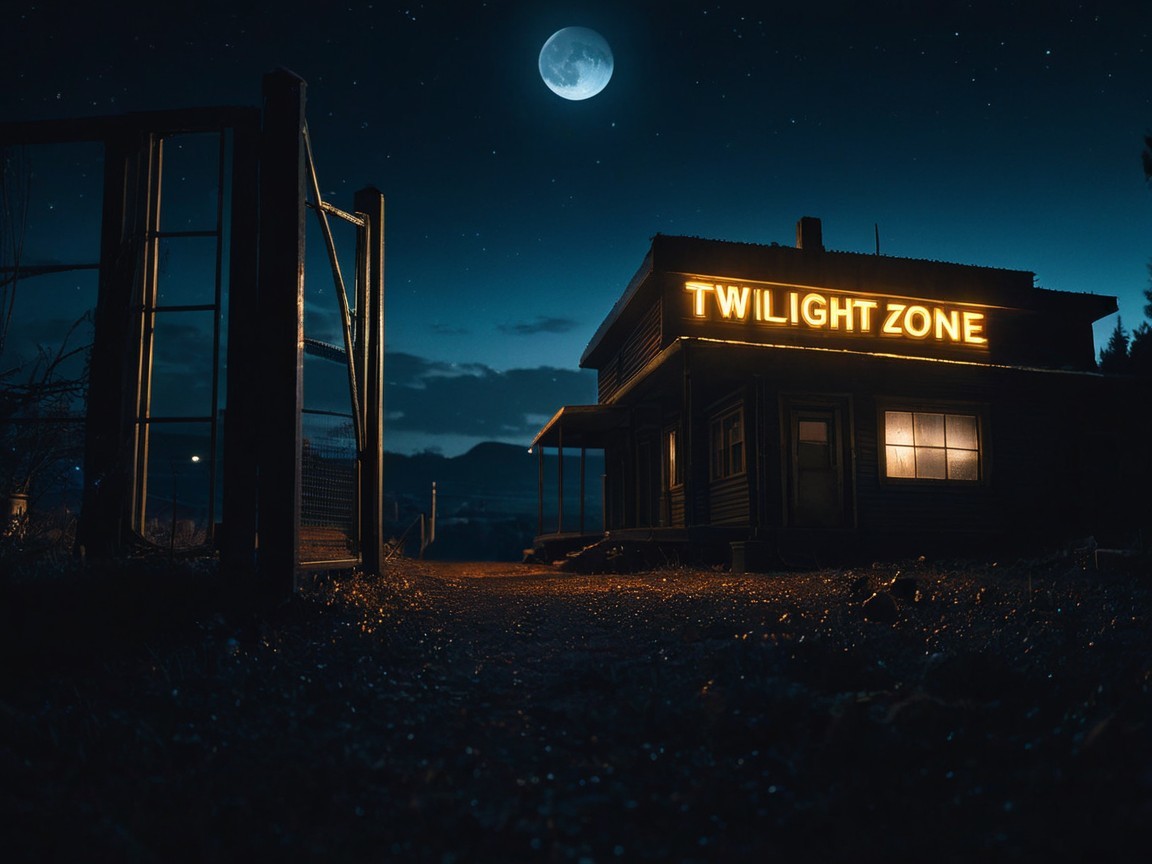 Eerie House Under Starry Sky with Twilight Zone Sign