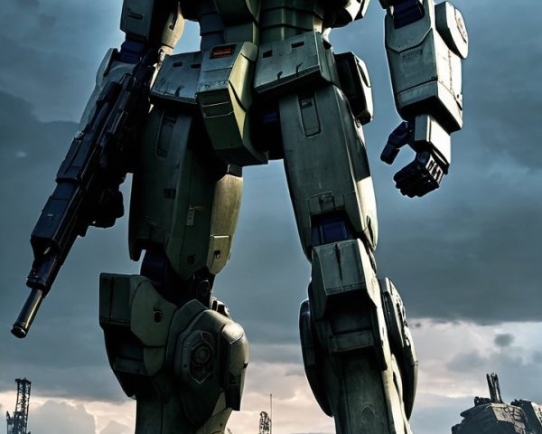 Mech in War-Torn Landscape with Dramatic Sky