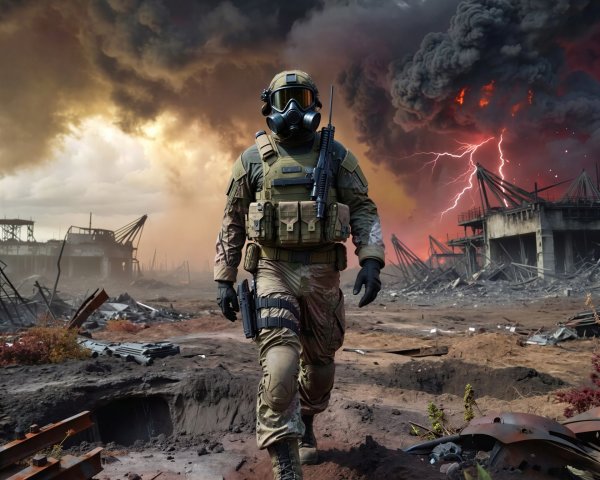 Armored soldier in tactical gear in a desolate wasteland