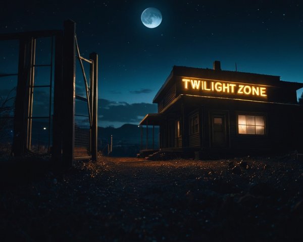 Eerie House Under Starry Sky with Twilight Zone Sign