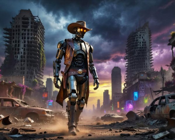 Post-Apocalyptic Robot Cowboy in Overgrown Street