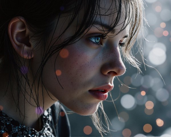 Close-up portrait of a young woman with freckles
