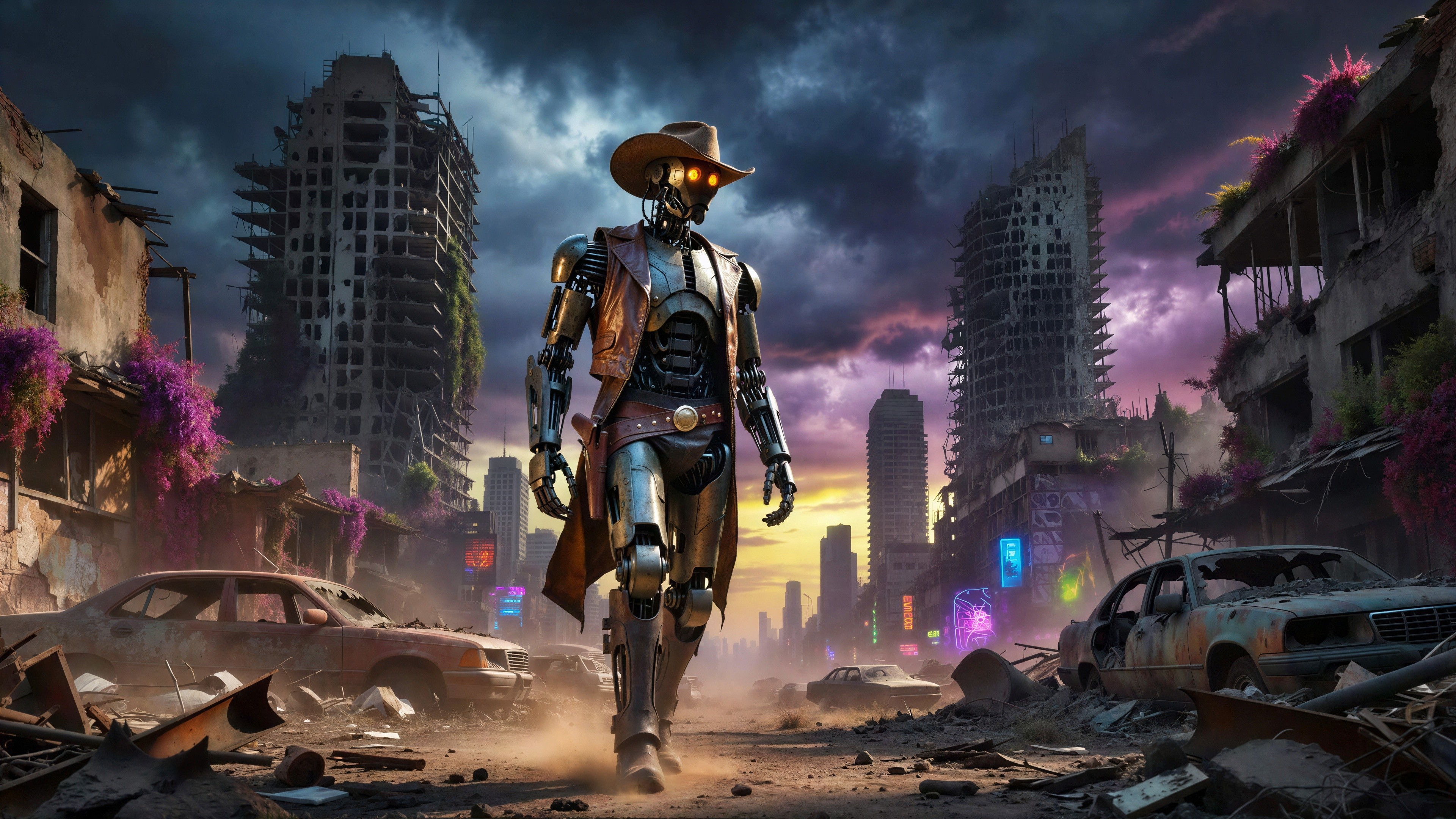 Post-Apocalyptic Robot Cowboy in Overgrown Street
