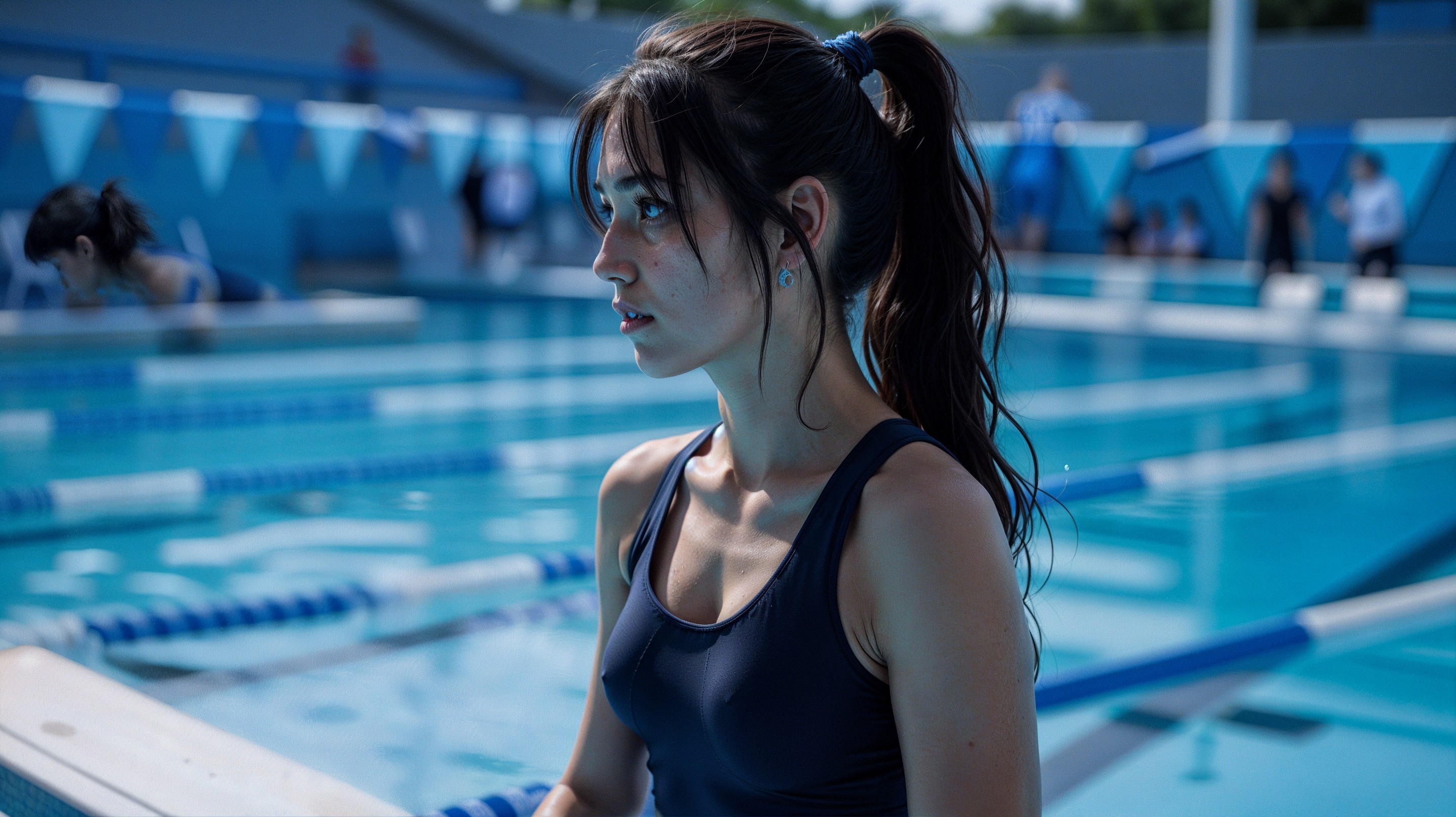 Young female swimmer at indoor pool before race