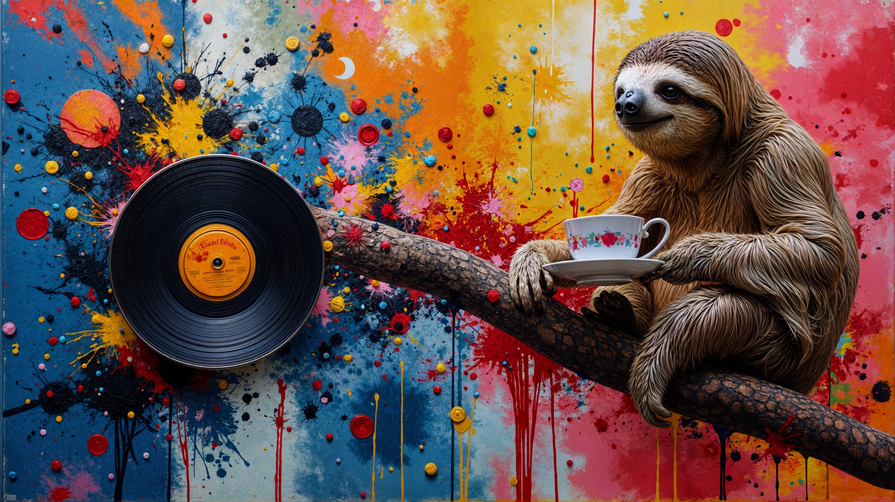 Whimsical Sloth with Tea on Colorful Wall