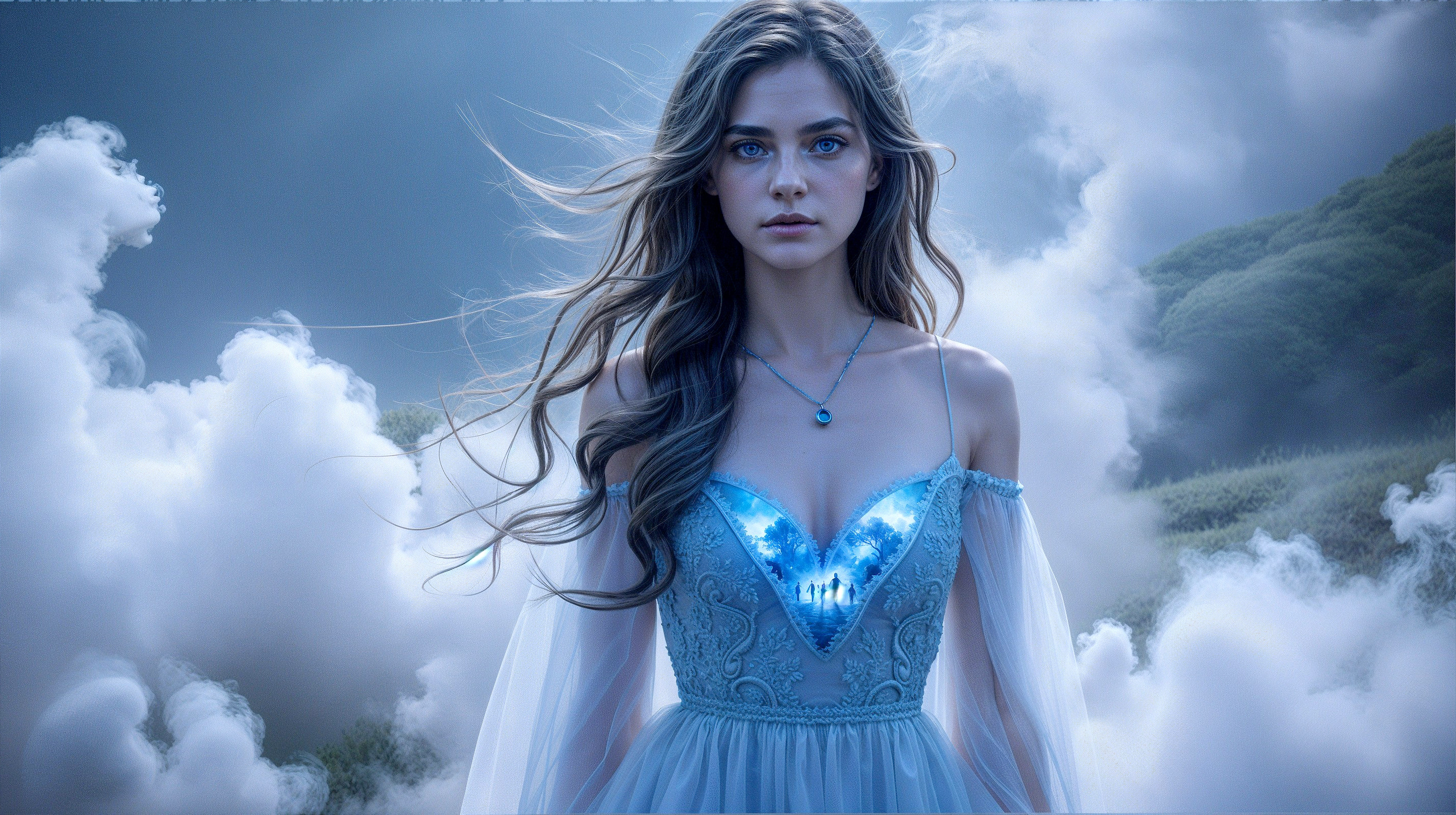 Young woman in blue gown among ethereal clouds