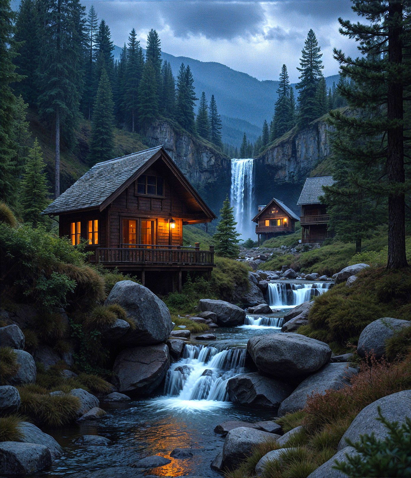 Rustic Cabins by Waterfall in Serene Mountain Setting
