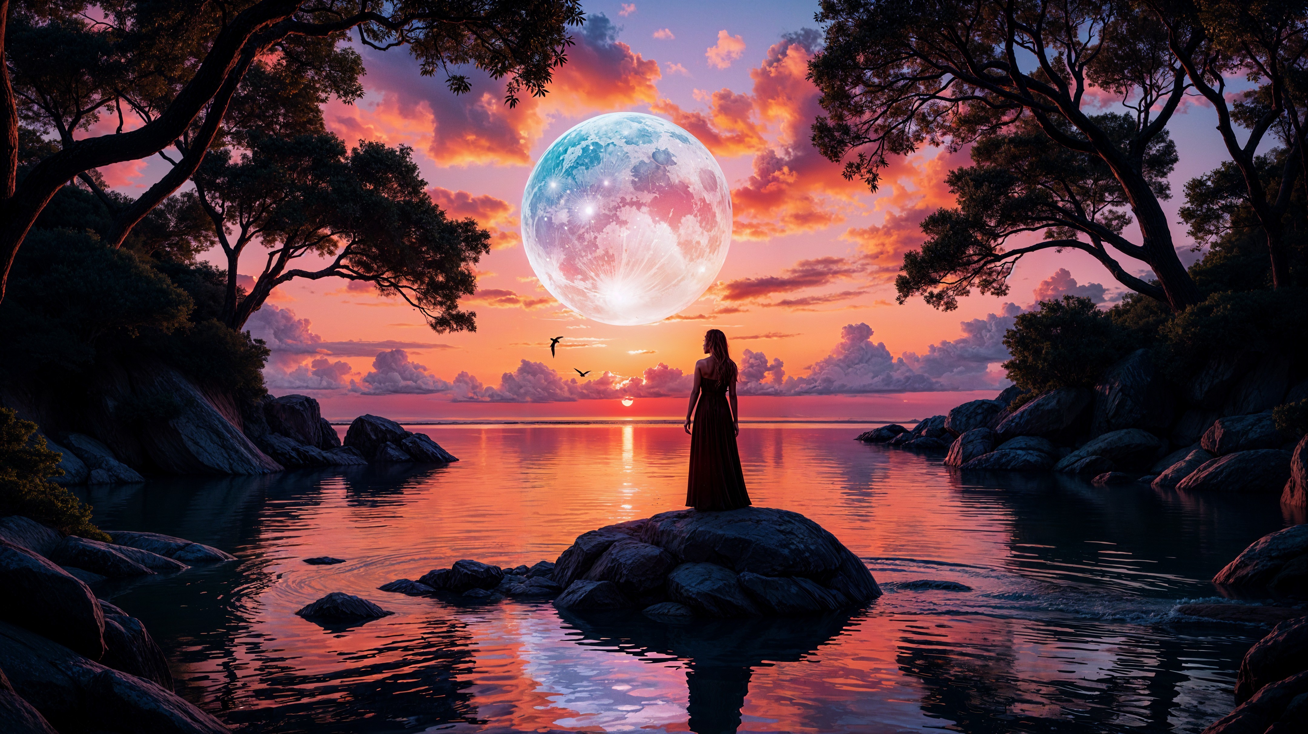 Twilight Landscape with Woman by Calm Water and Moon