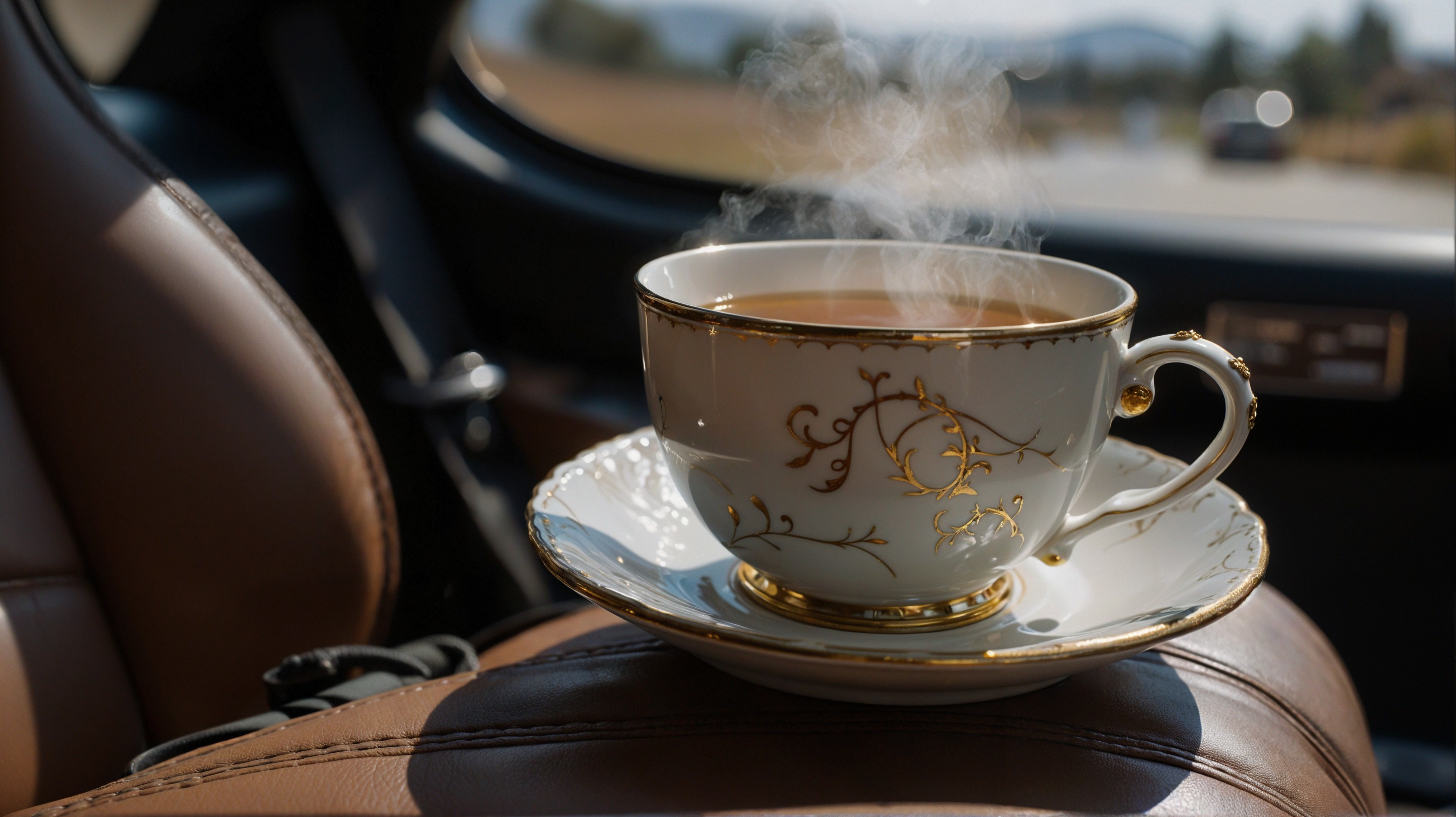Ornate teacup with gold detailing on leather seat