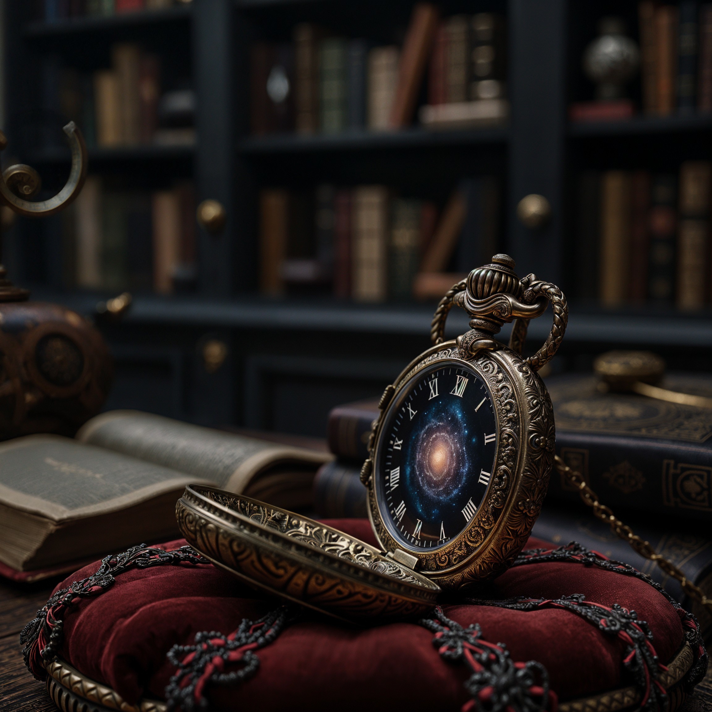 Antique Pocket Watch with Celestial Motifs on Velvet