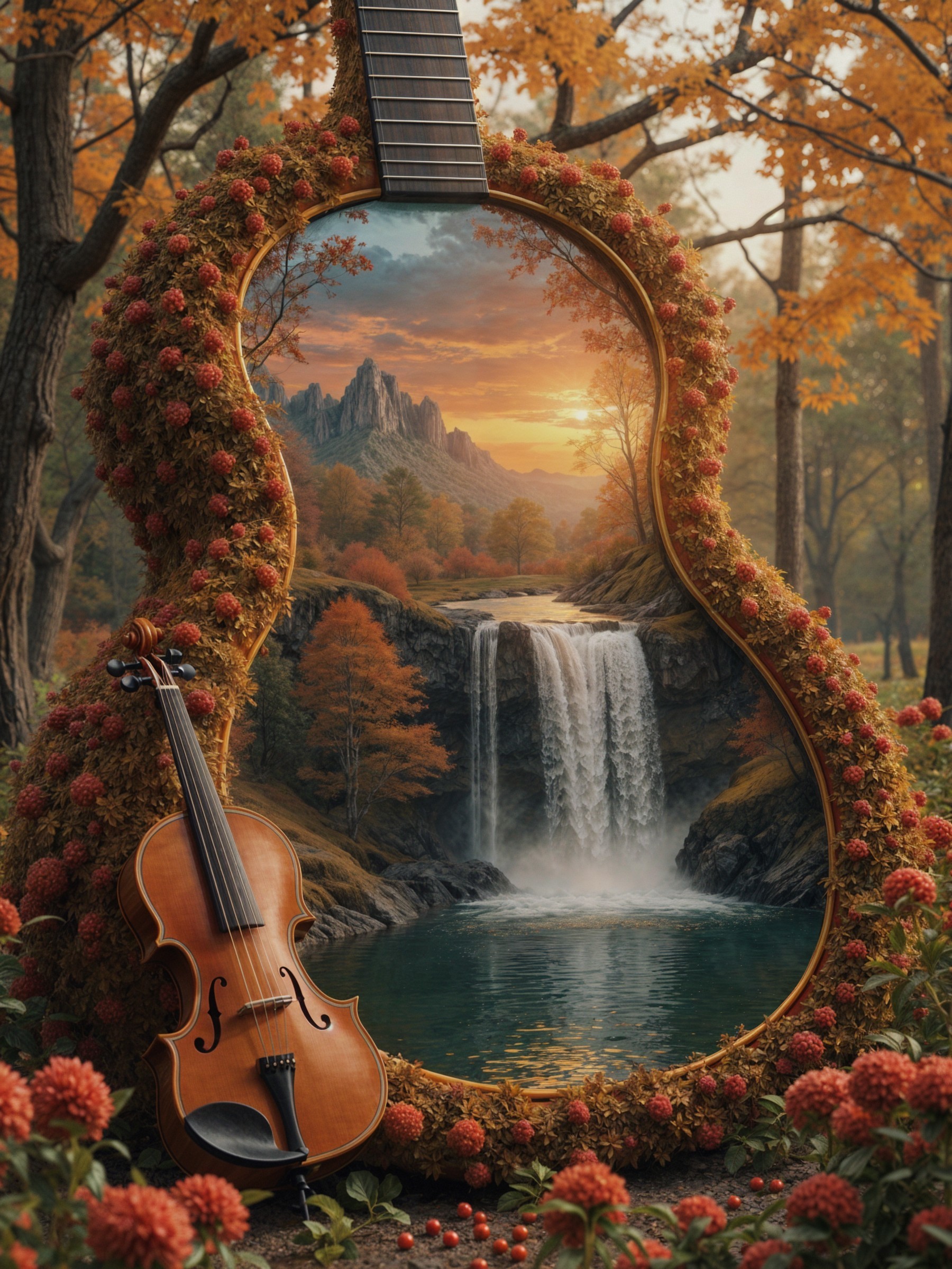 Guitar-Shaped Frame with Floral Landscape and Violin