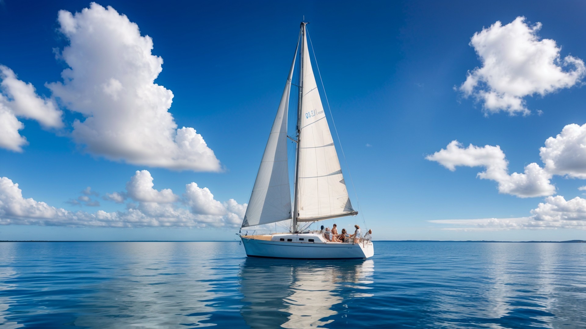 Sailboat on Calm Waters Under Blue Sky and Clouds
