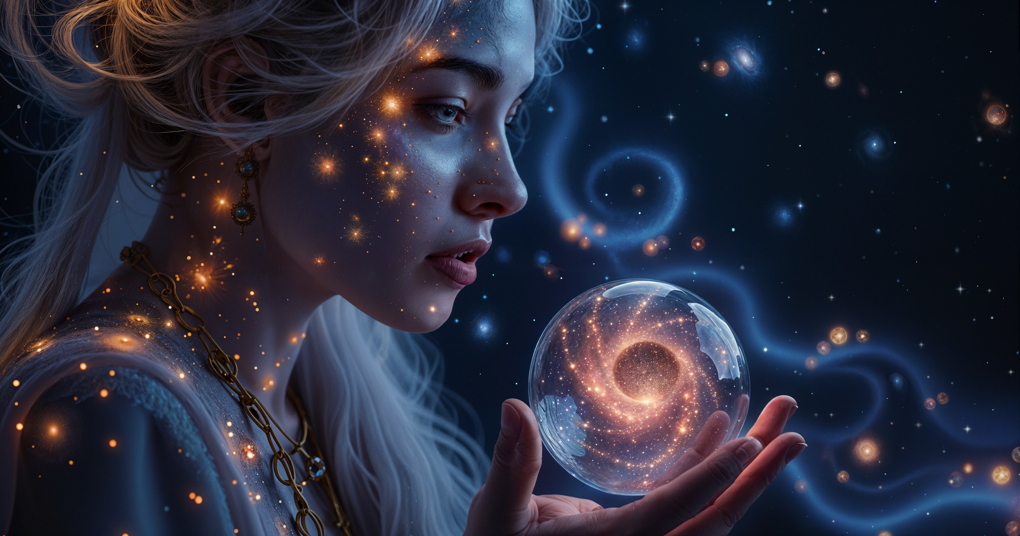 Young woman with cosmic patterns and crystal orb