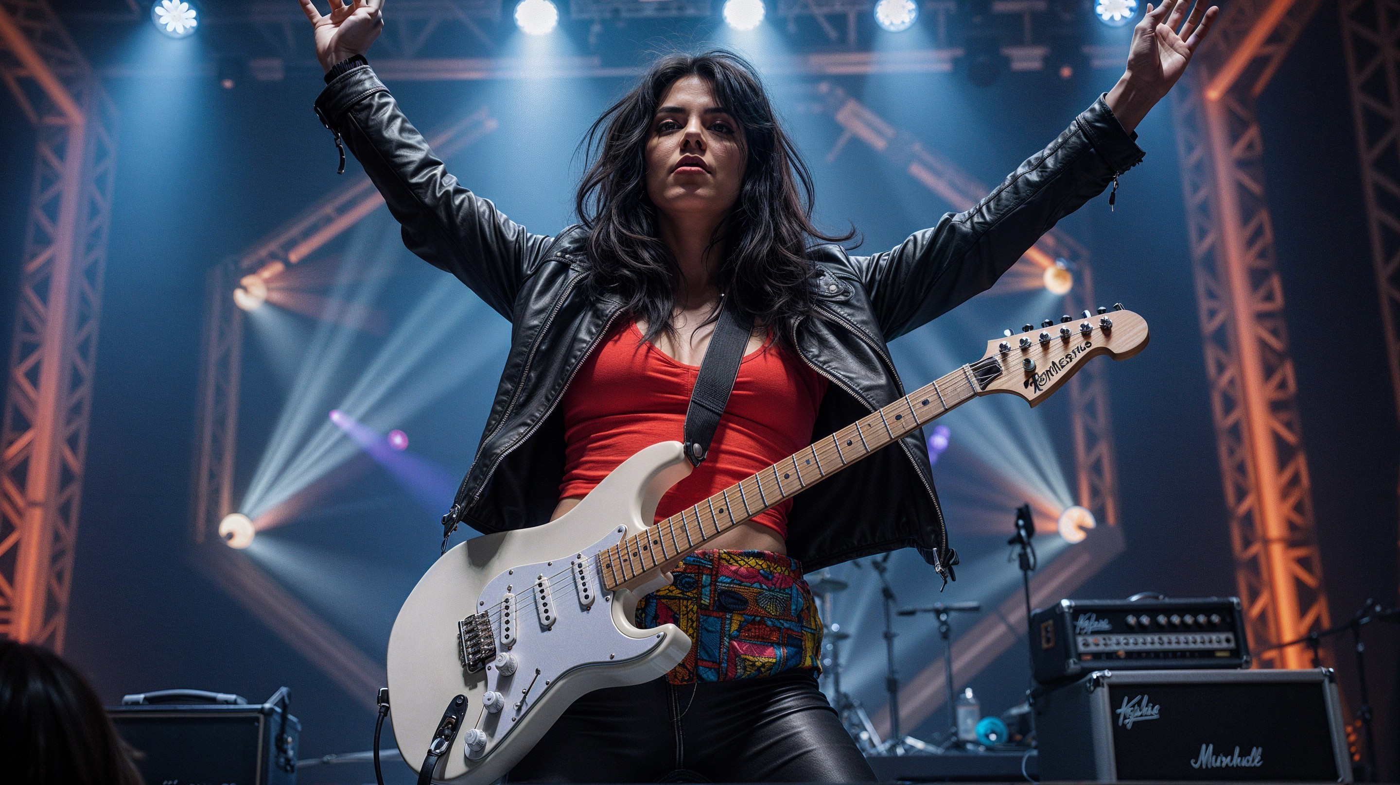 Energetic Female Guitarist in Black Jacket on Stage