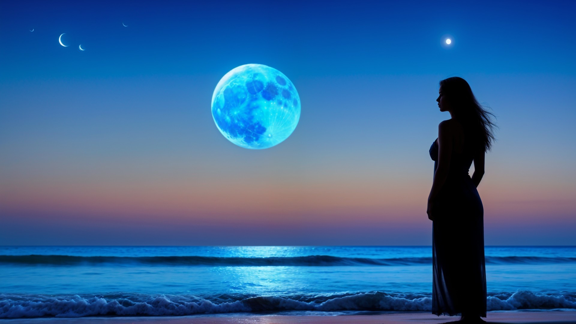Twilight Beach Scene with Silhouette and Blue Moon