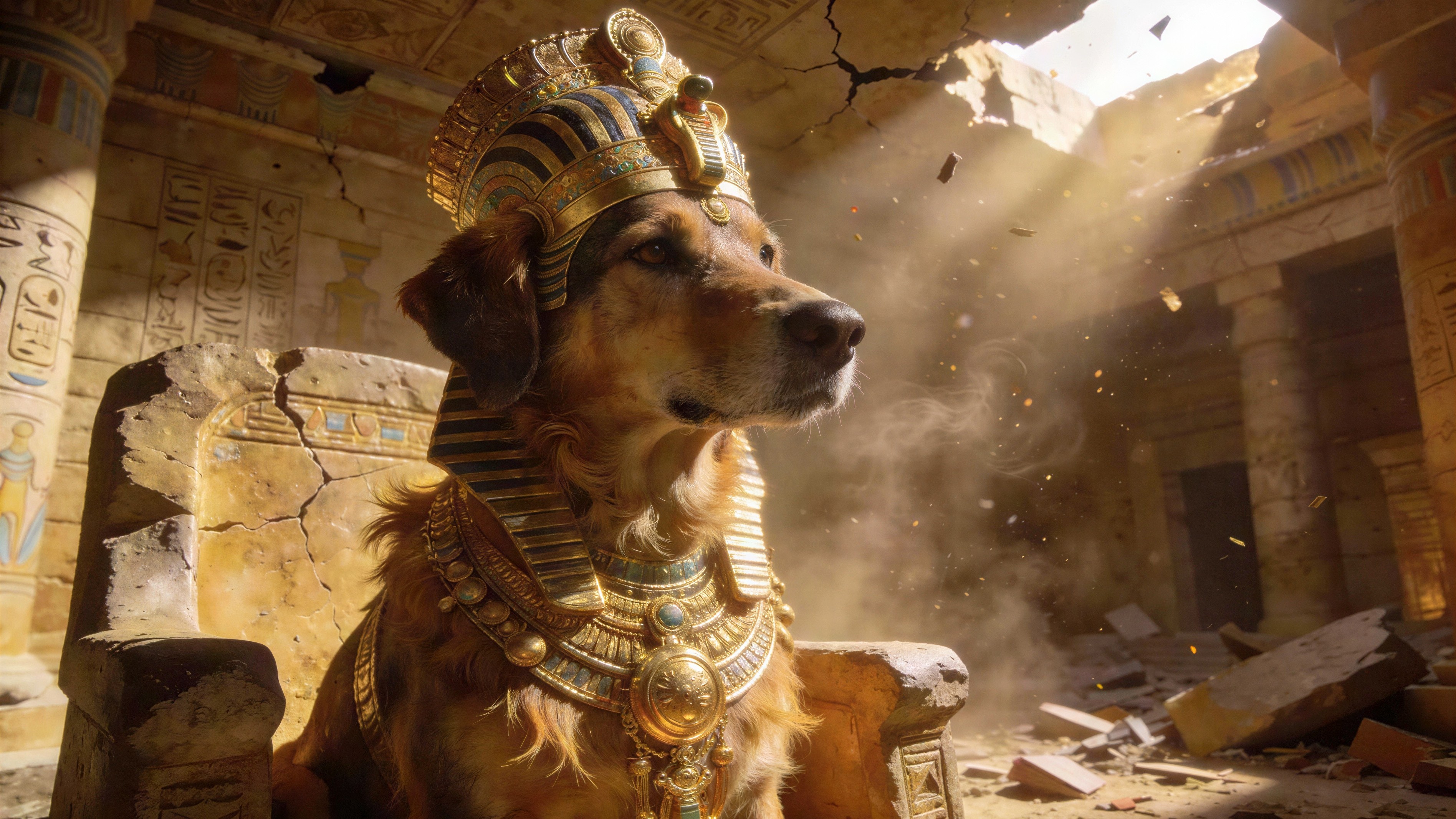 Long-Haired Dog in Pharaoh Headdress in Ancient Temple
