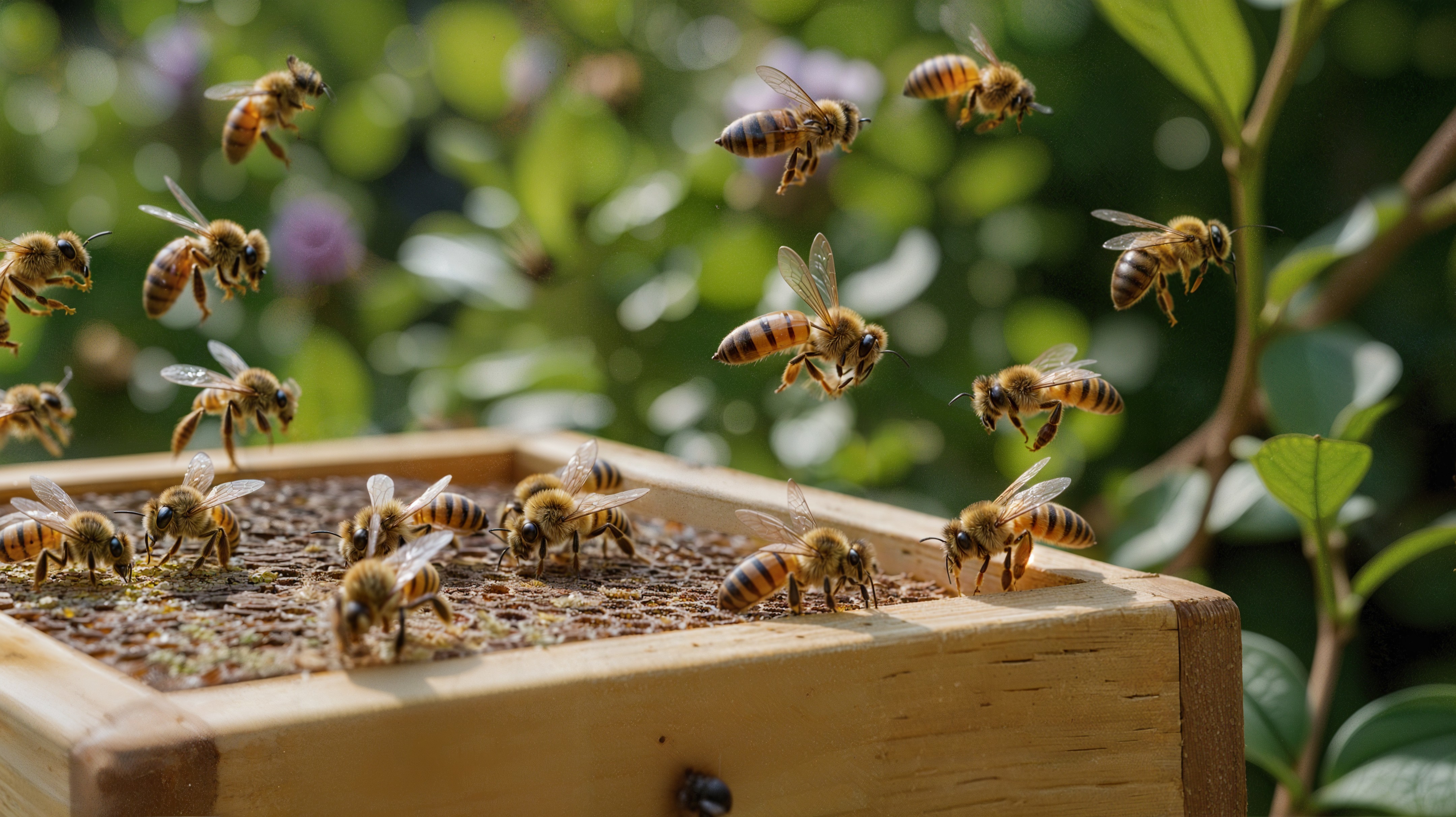 Bees Collecting Nectar Around a Wooden Beehive