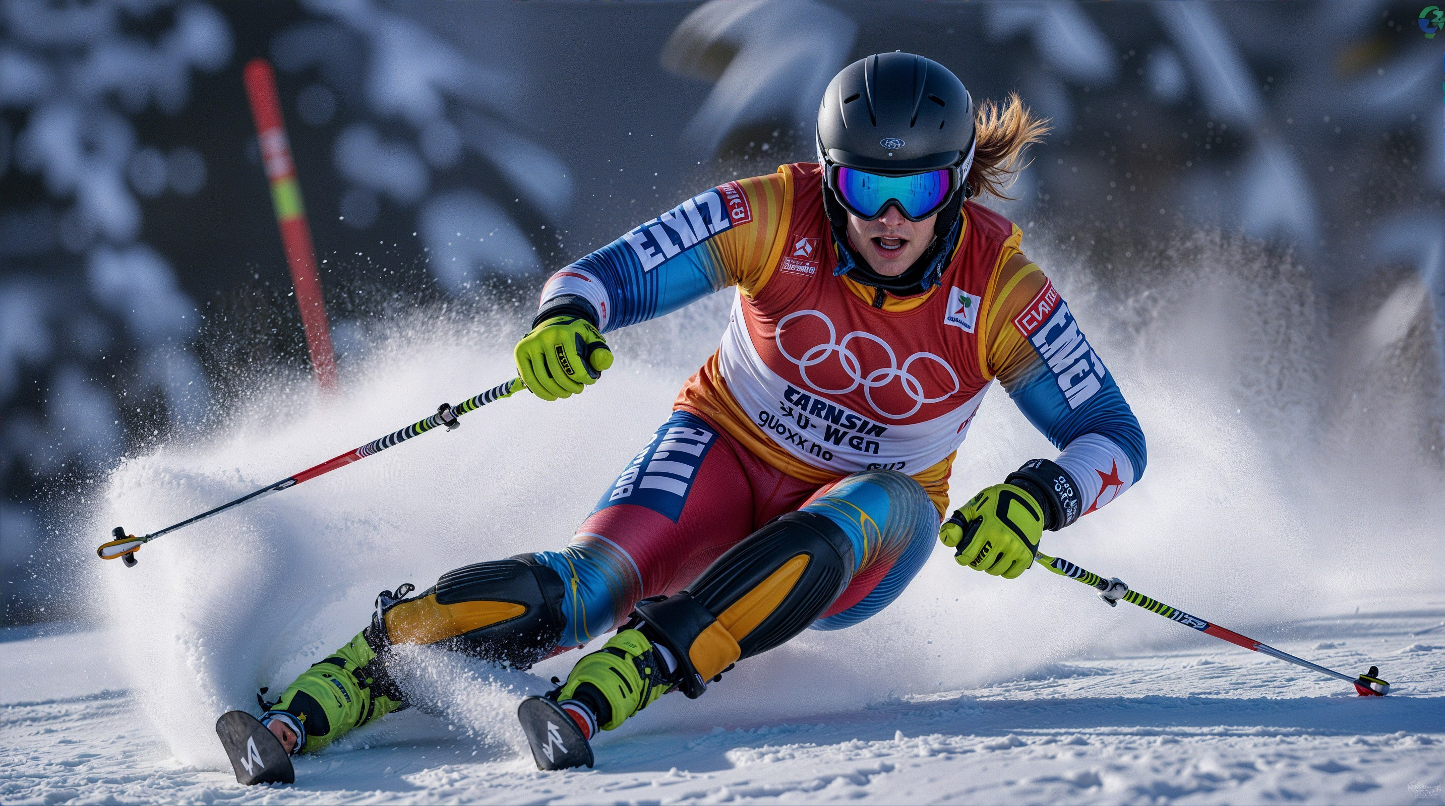 Skier in Olympic gear racing down snowy slope