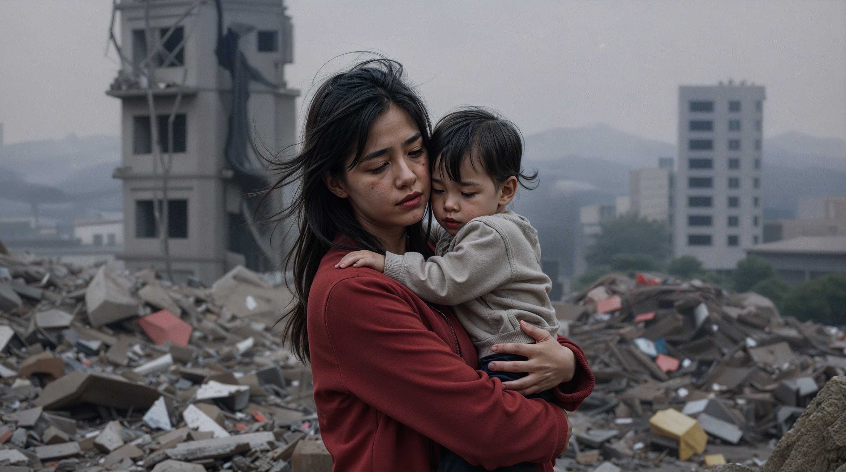 Woman and child amid rubble after a disaster