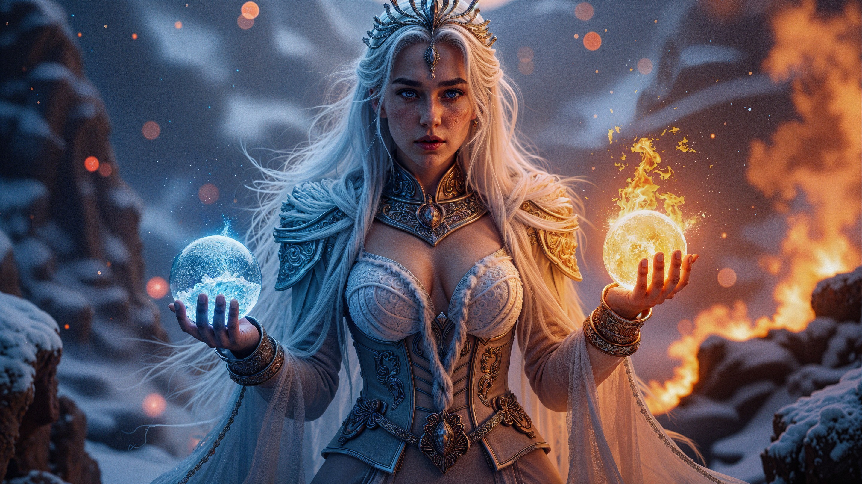Majestic Figure with Ice and Fire Orbs in Landscape
