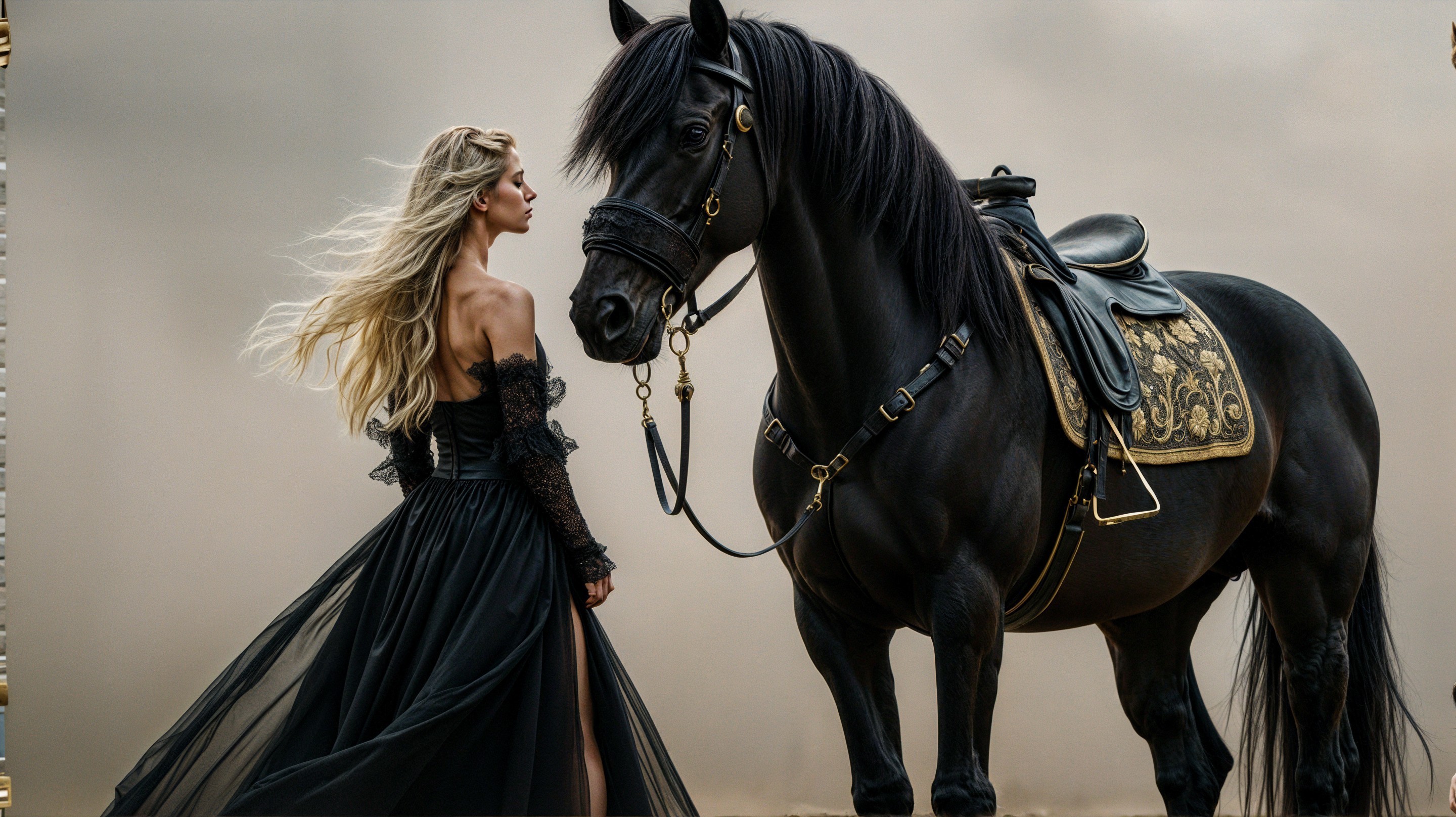 Woman in Black Gown with Majestic Black Horse