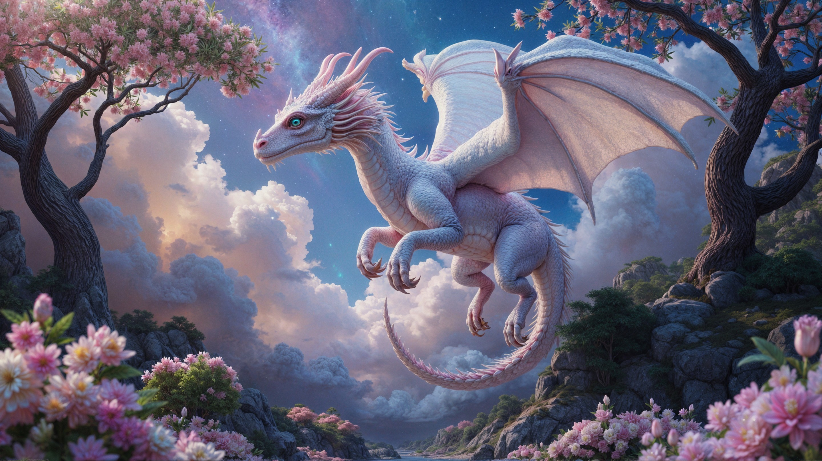 Majestic white dragon in a vibrant fantasy landscape