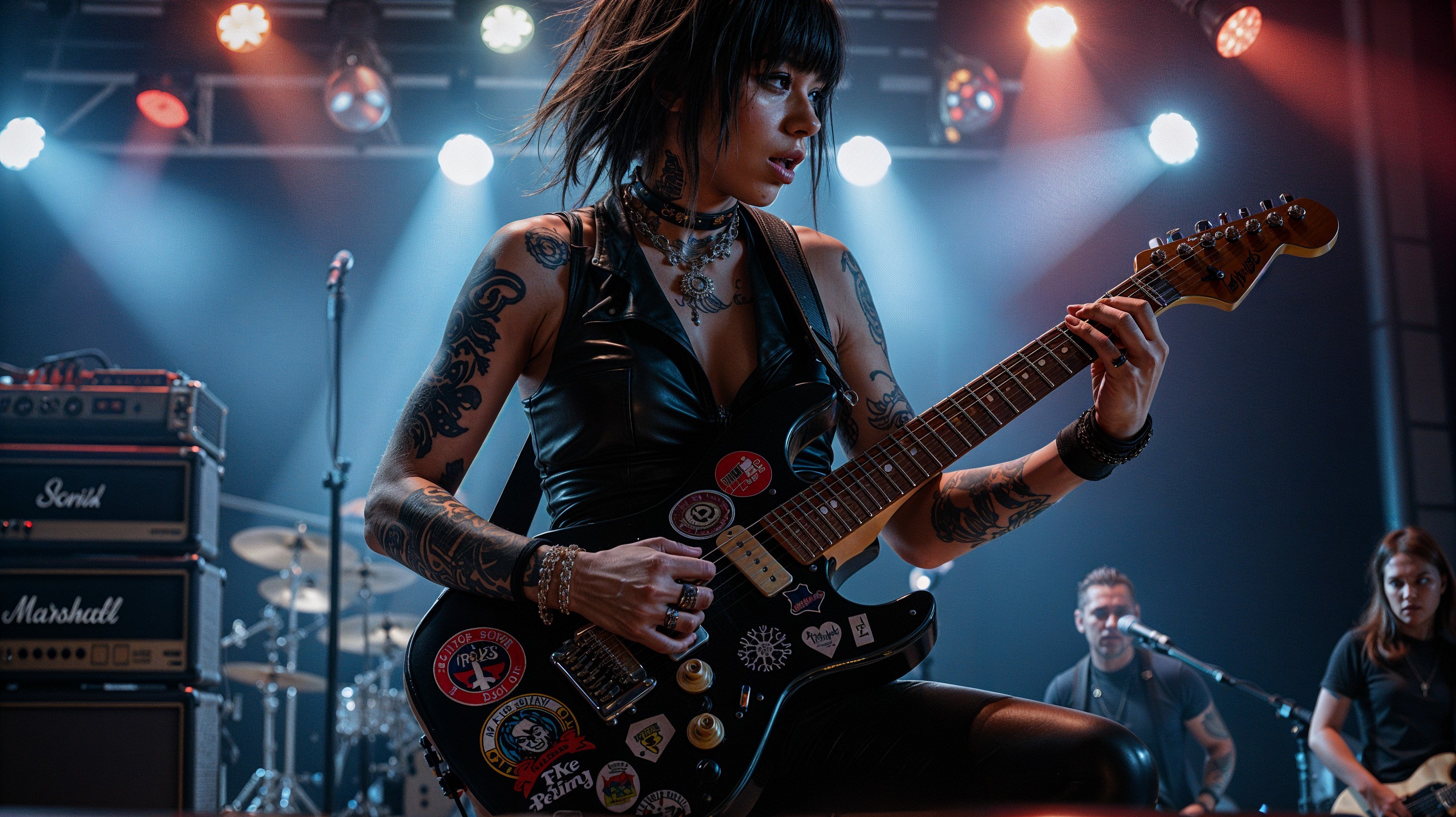 Female Guitarist Performing on Stage with Band