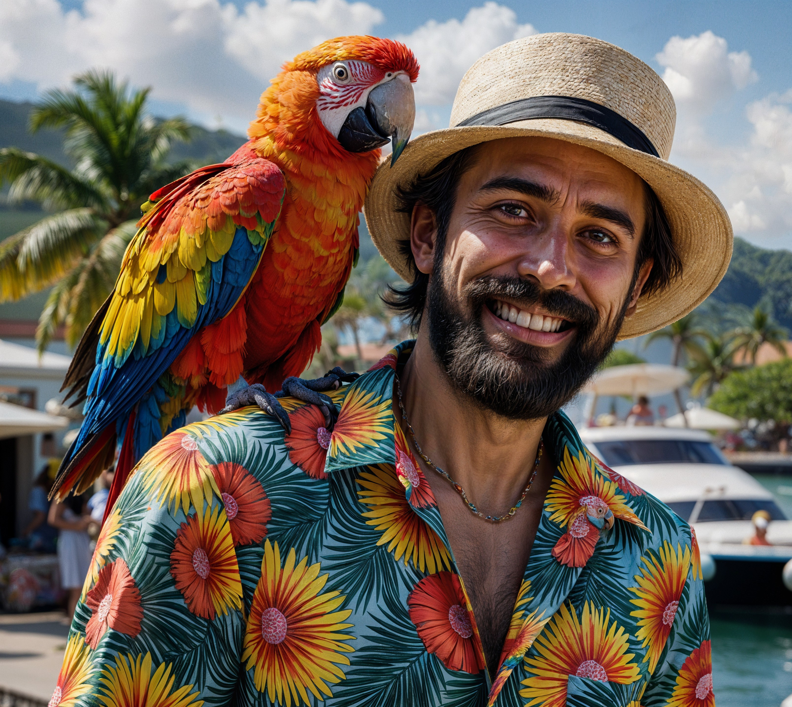 Man in Hawaiian shirt with macaw in sunny setting