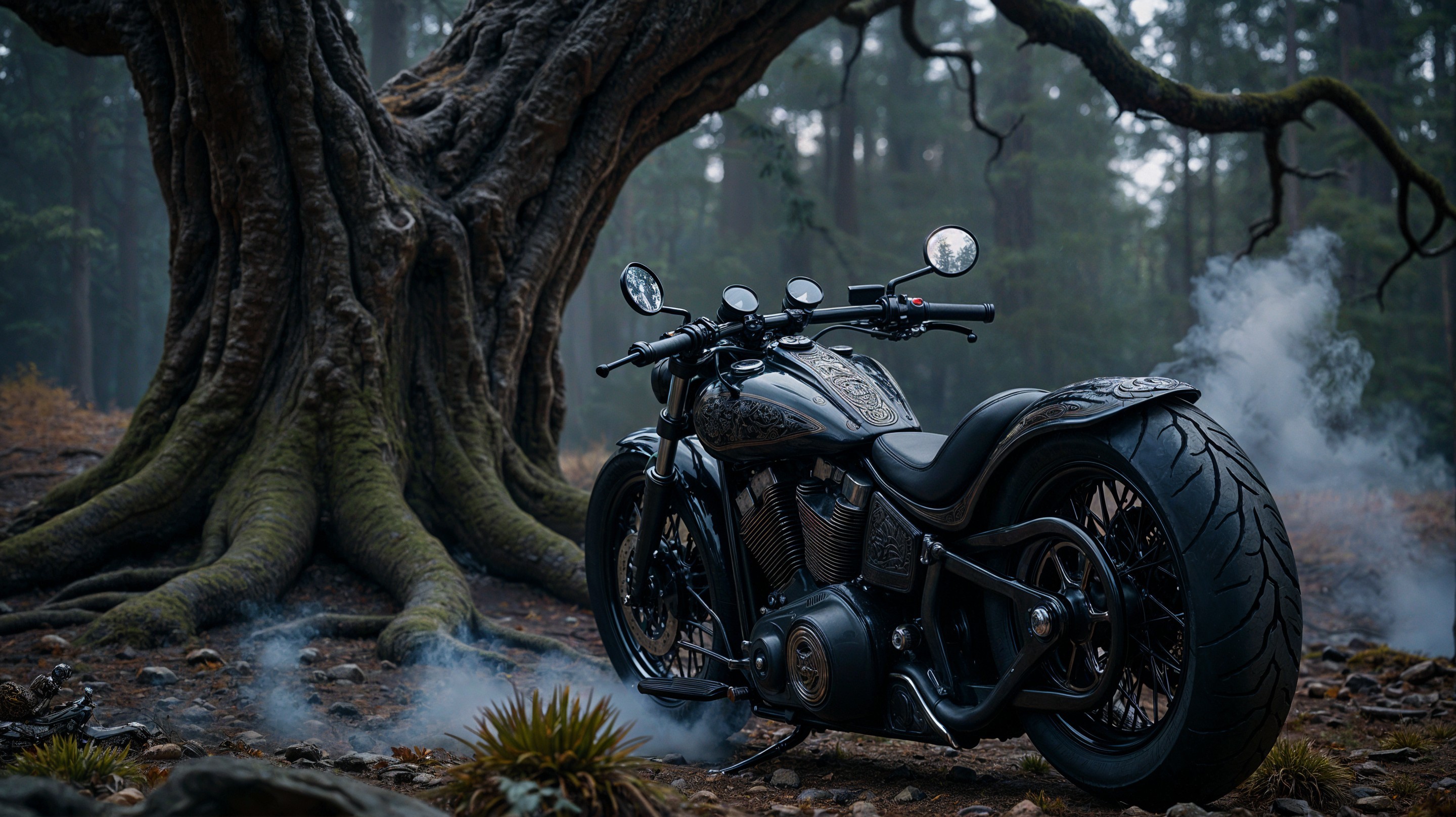 Black Motorcycle Near Ancient Tree in Misty Forest